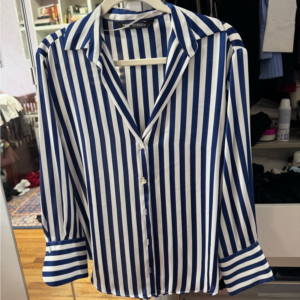 Zara Blue and White Vertical Stripe Button-Up Blouse